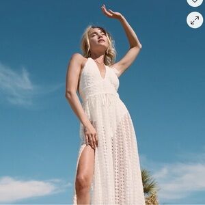 Lulus destination summer ivory crochet halter maxi bodysuit dress